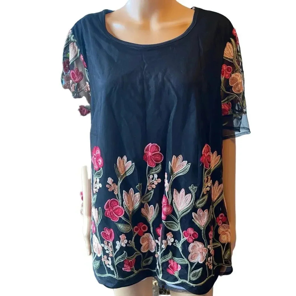 Est. 1946 Black Floral Embroidery Casual Top Blouse Women Plus18-20W Whimsigoth